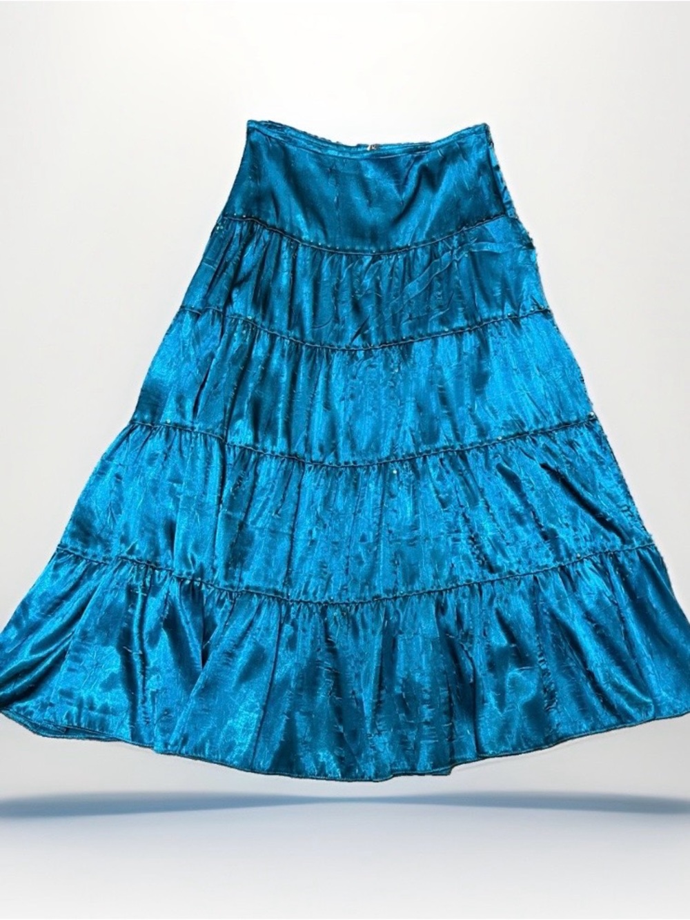 Vintage Y2K Satin Tiered Embellished Maxi Skirt Teal Boho Hippie Gypsy Sz Medium - Picture 2 of 8